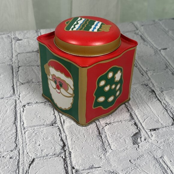 Vintage Santa Bell Poinsettia Cube Shaped Christmas metal tin 5” - Picture 13 of 13